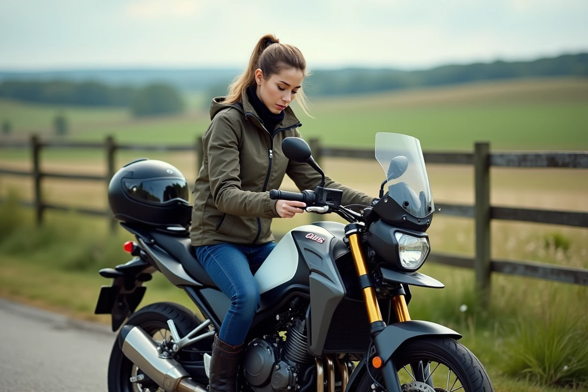Femme assise sur une Honda CB 500X dans un paysage rural paisible