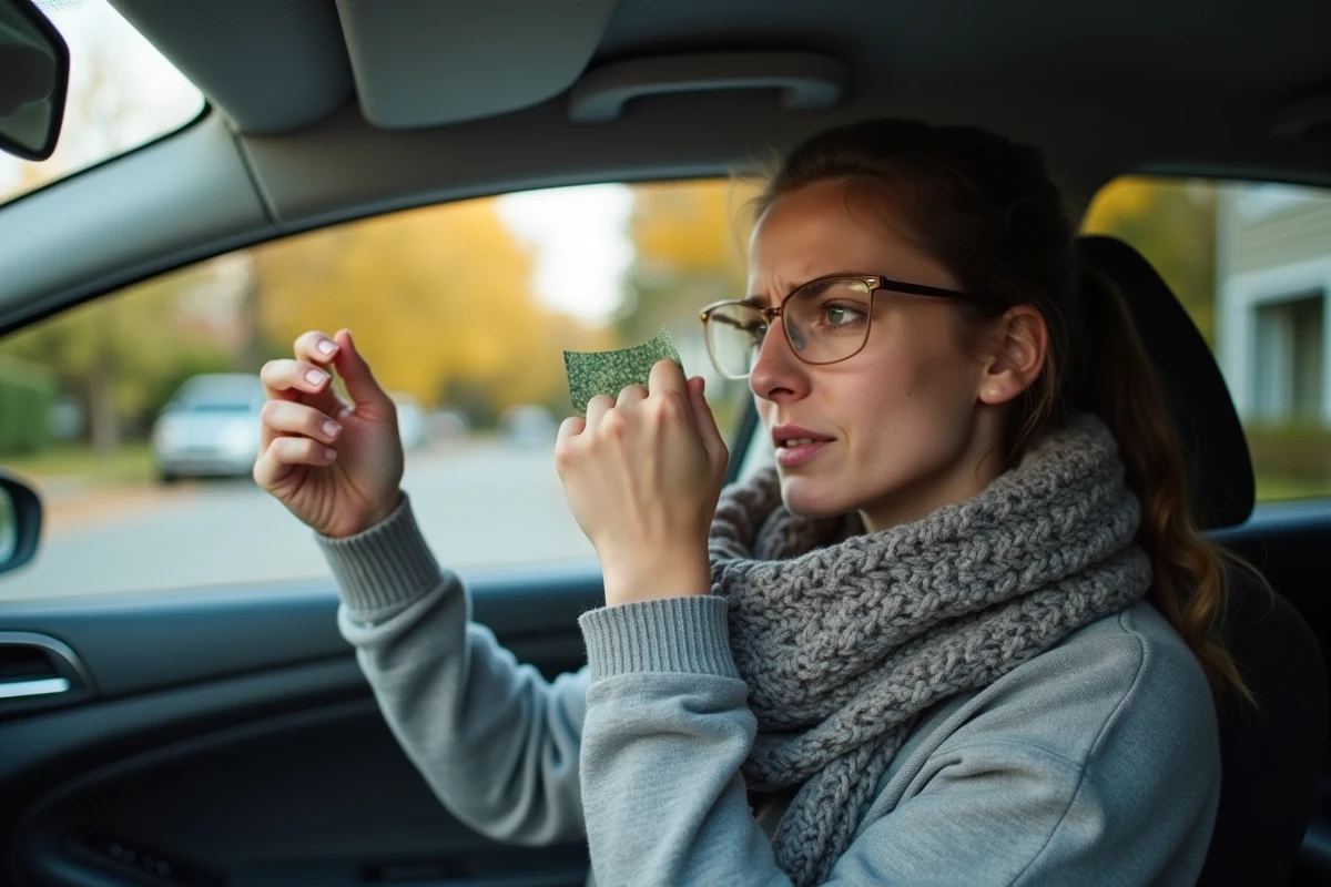 Jeune femme en intérieur retirant un sticker de la vitre de sa voiture