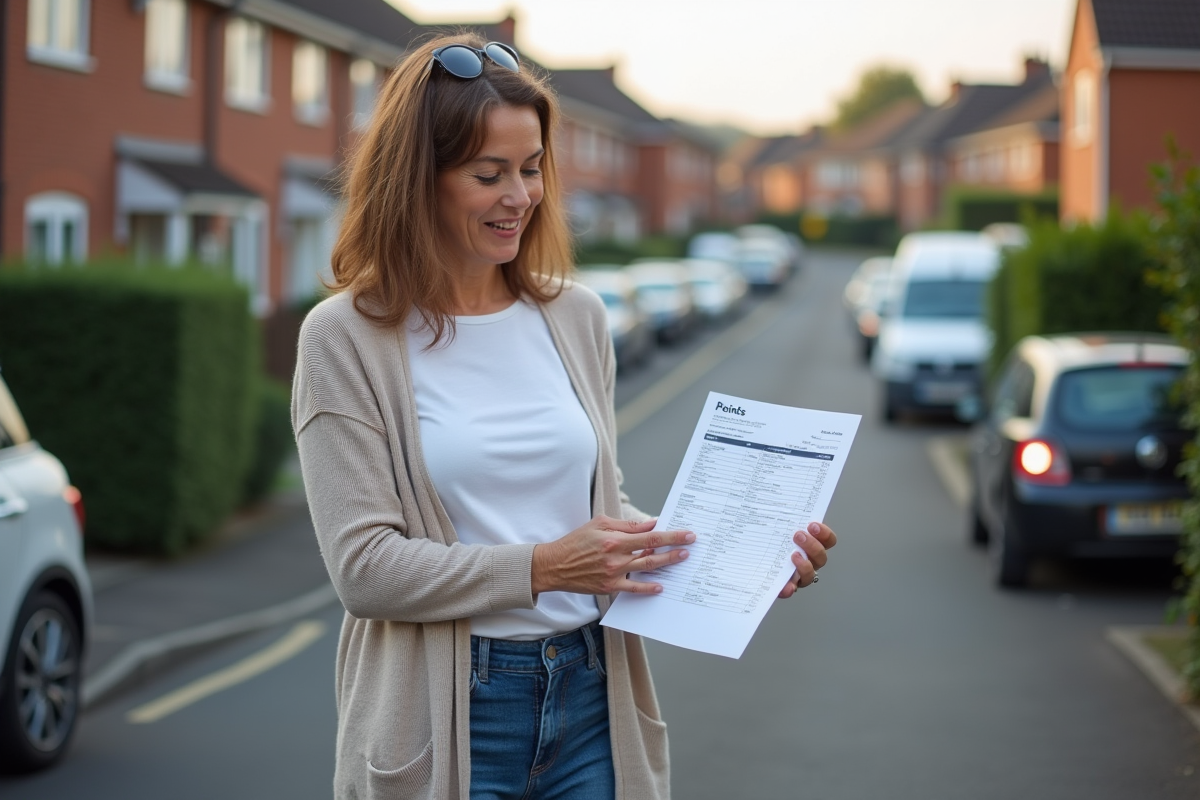 Femme vérifiant ses points de permis à côté de sa voiture