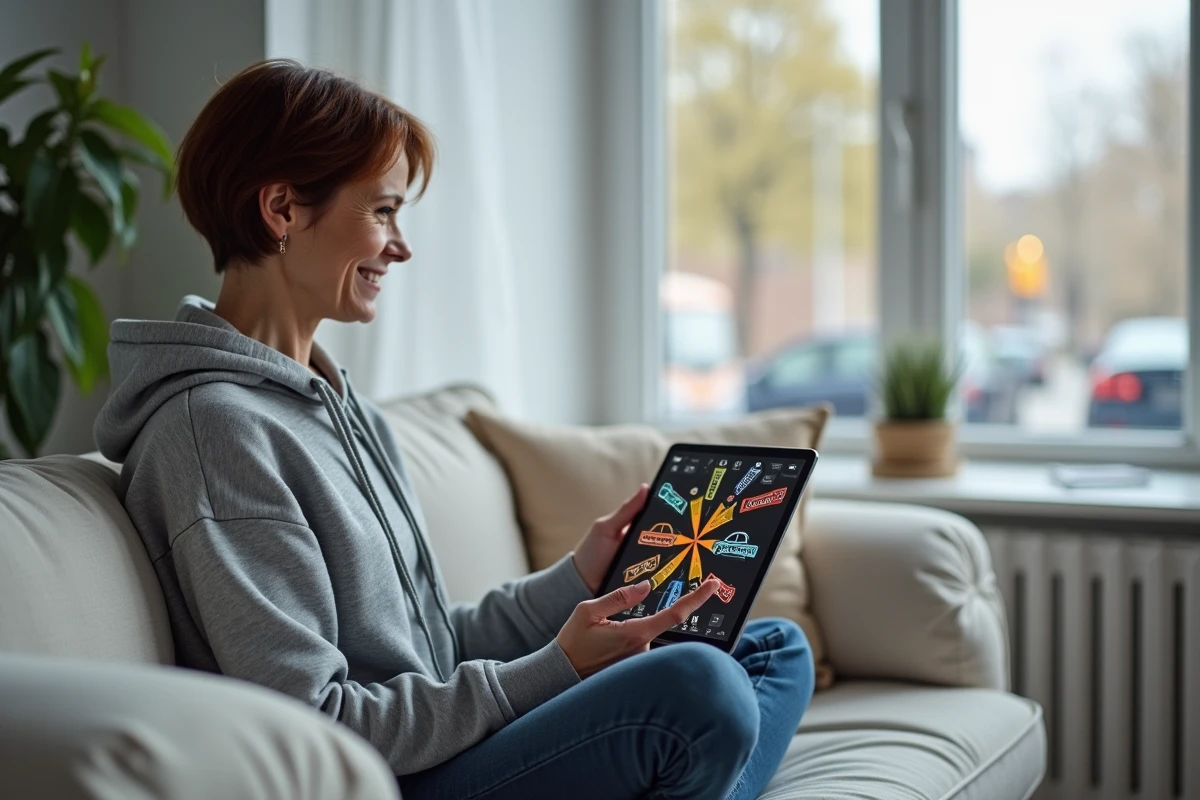 Femme passionnée révisant les marques automobiles commençant par X sur une tablette dans un salon moderne