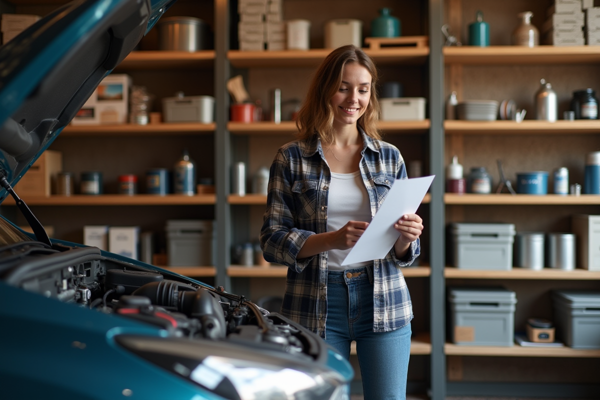 Jeune femme vérifiant une voiture dans son garage pratique