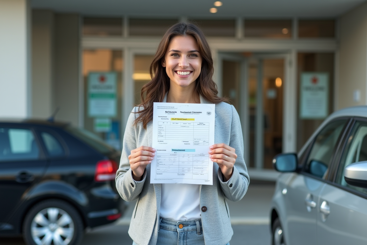 Jeune femme souriante avec document de transfert de voiture