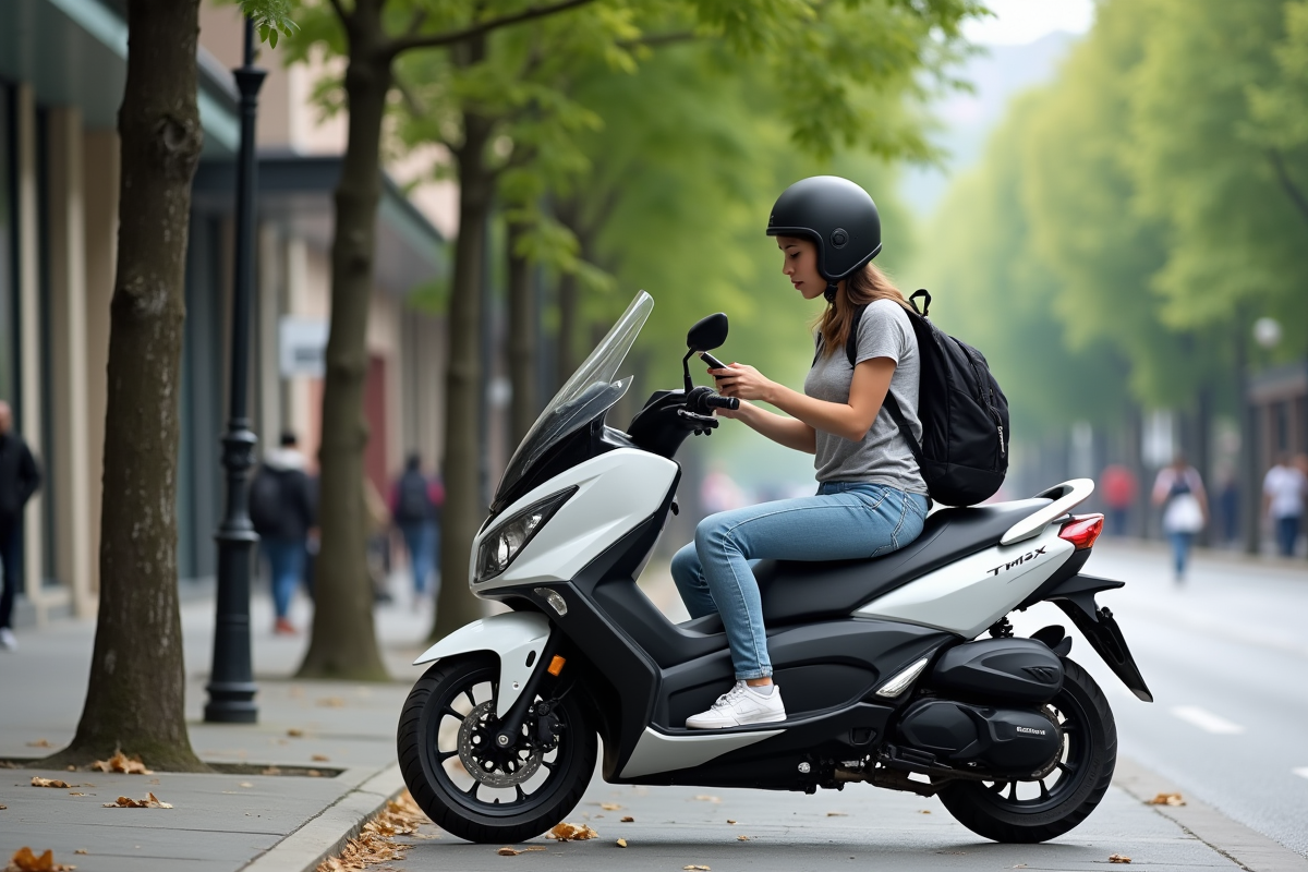 Femme en streetwear avec scooter Yamaha Tmax dans la ville