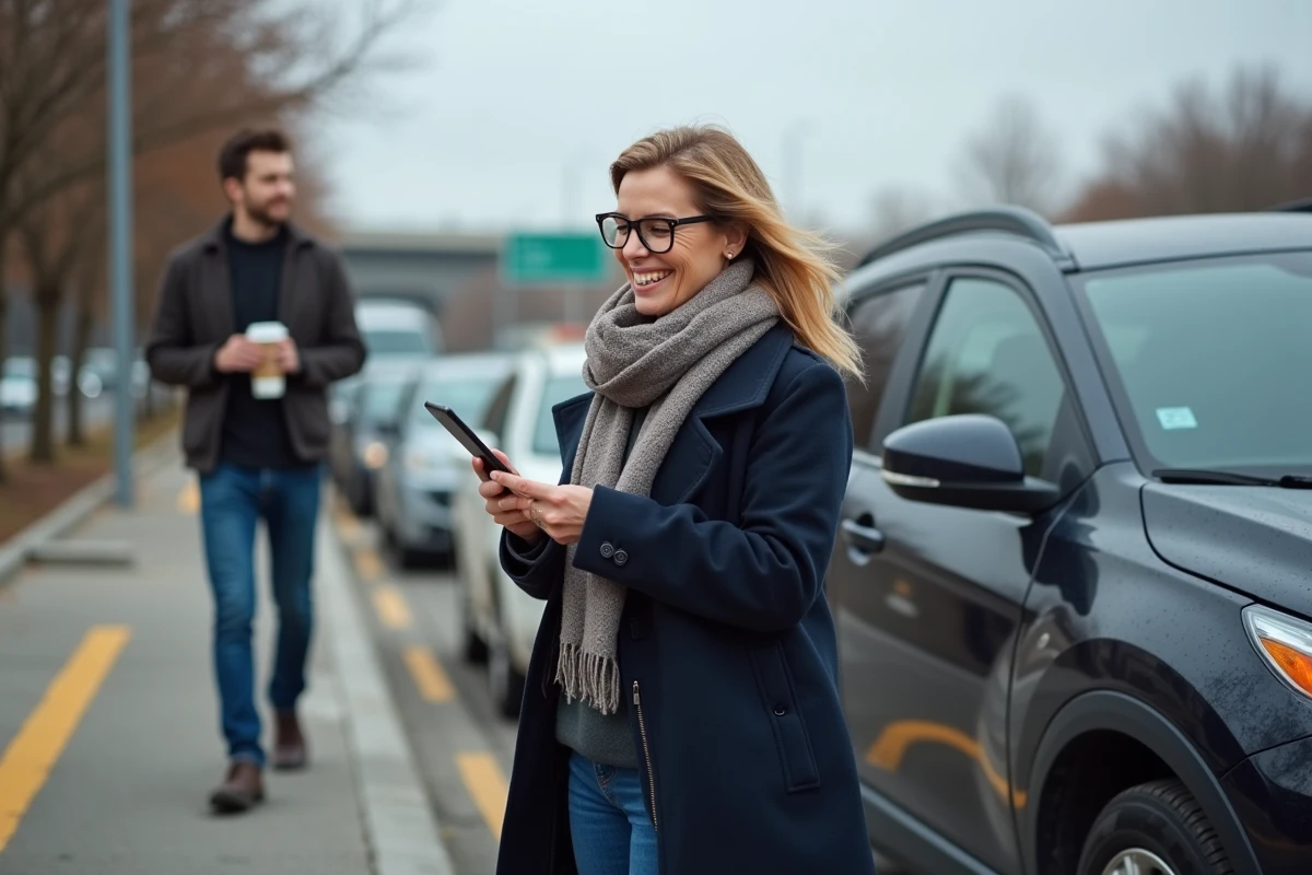Femme souriante avec son SUV et un jeune homme approchant