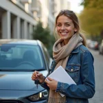 Femme souriante avec papiers et clés de voiture en ville