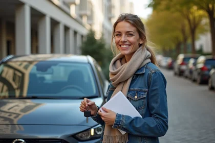 Femme souriante avec papiers et clés de voiture en ville