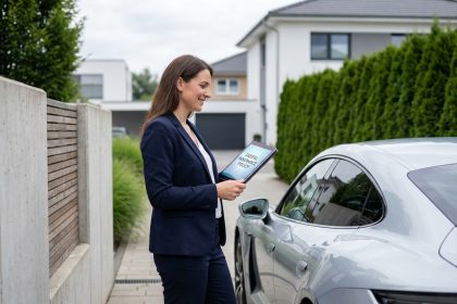 Femme confiante en costume navy avec voiture électrique
