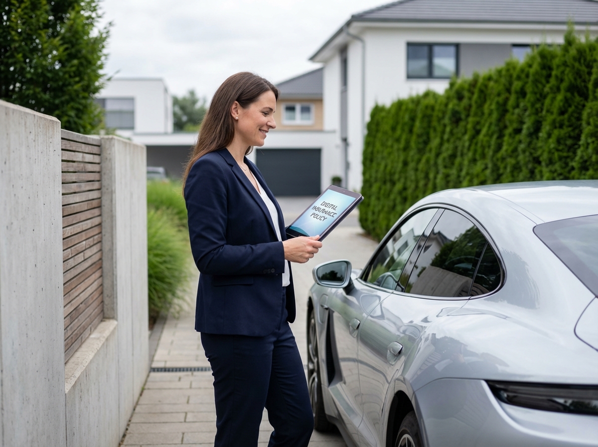 Femme confiante en costume navy avec voiture électrique