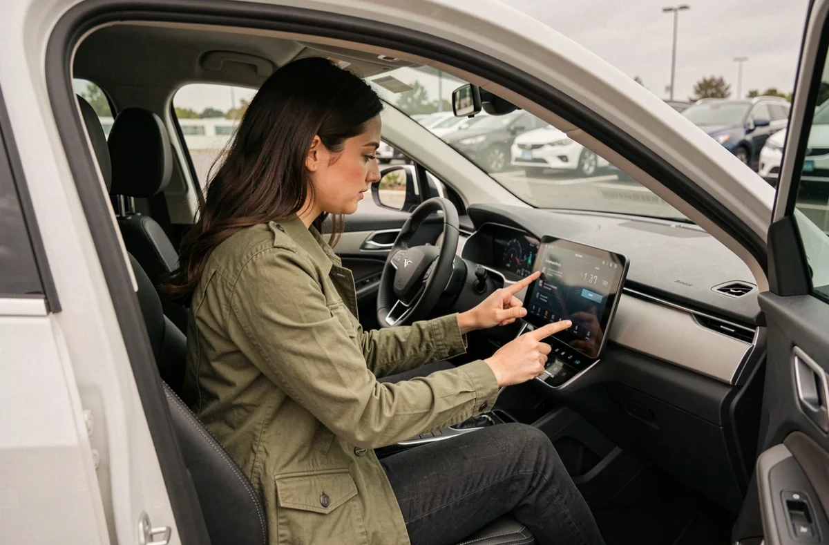 Femme découvrant l'interface numérique d'un SUV électrique compact 2026 chez un concessionnaire
