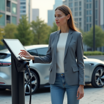 Femme en blazer interactant avec station de recharge électrique