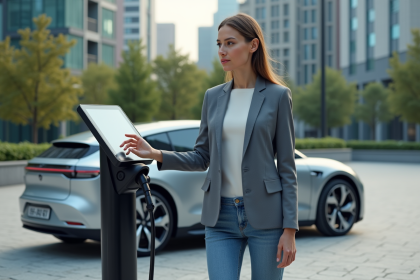 Femme en blazer interactant avec station de recharge électrique