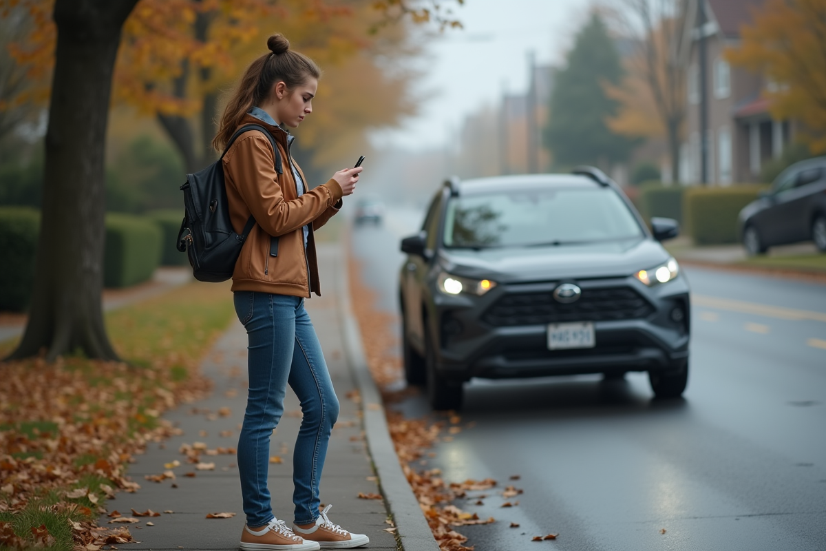 Jeune femme au téléphone près d’un SUV endommagé