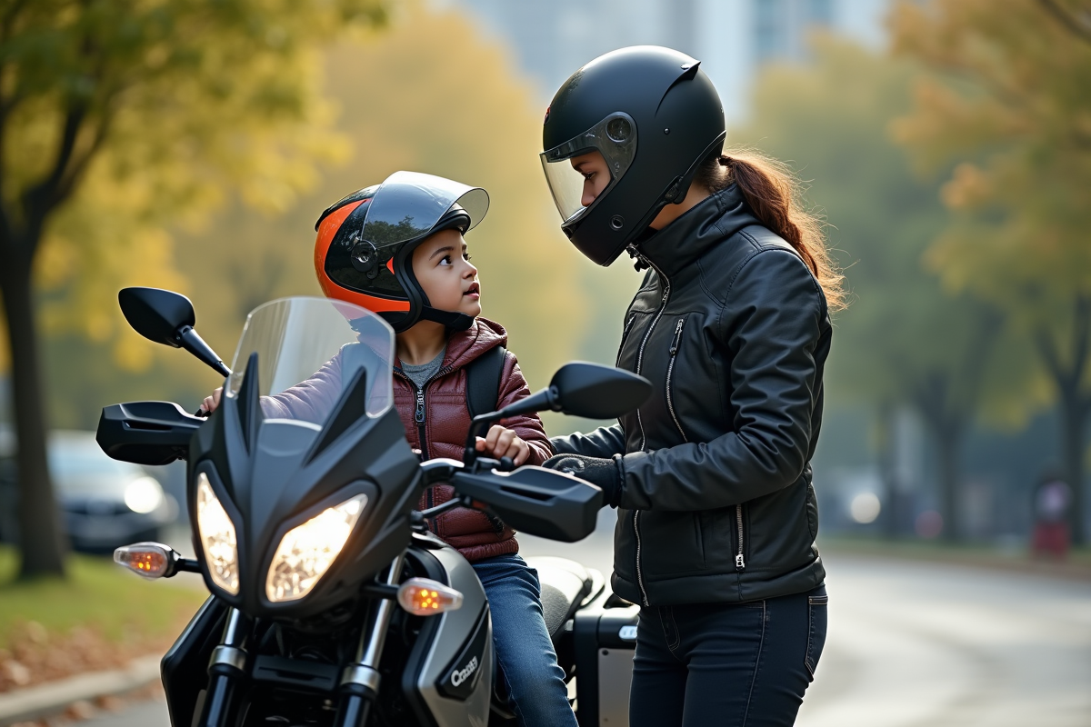 Femme vérifiant la sécurité de sa fille sur une moto en ville