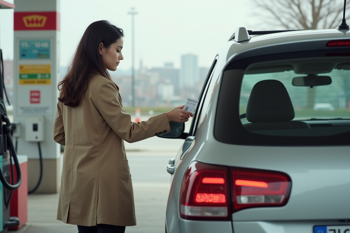 Jeune femme vérifiant la vignette CritAir sur son SUV
