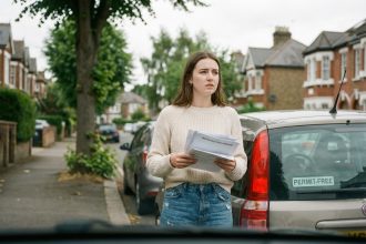 Jeune femme avec documents d'assurance près d'une voiture