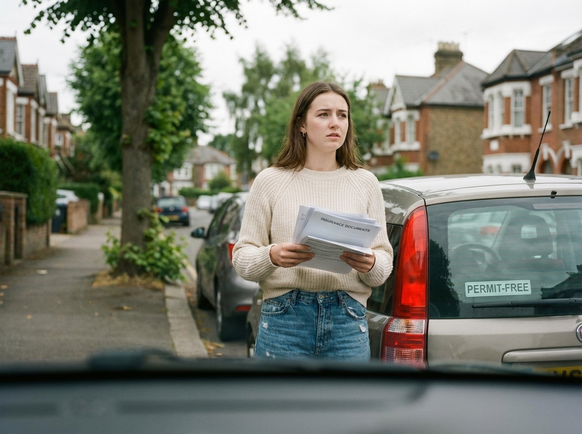 Jeune femme avec documents d'assurance près d'une voiture