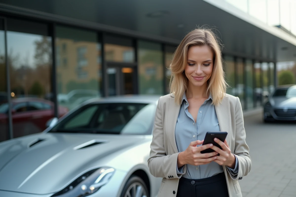 Jeune femme regardant des avis en ligne devant une voiture