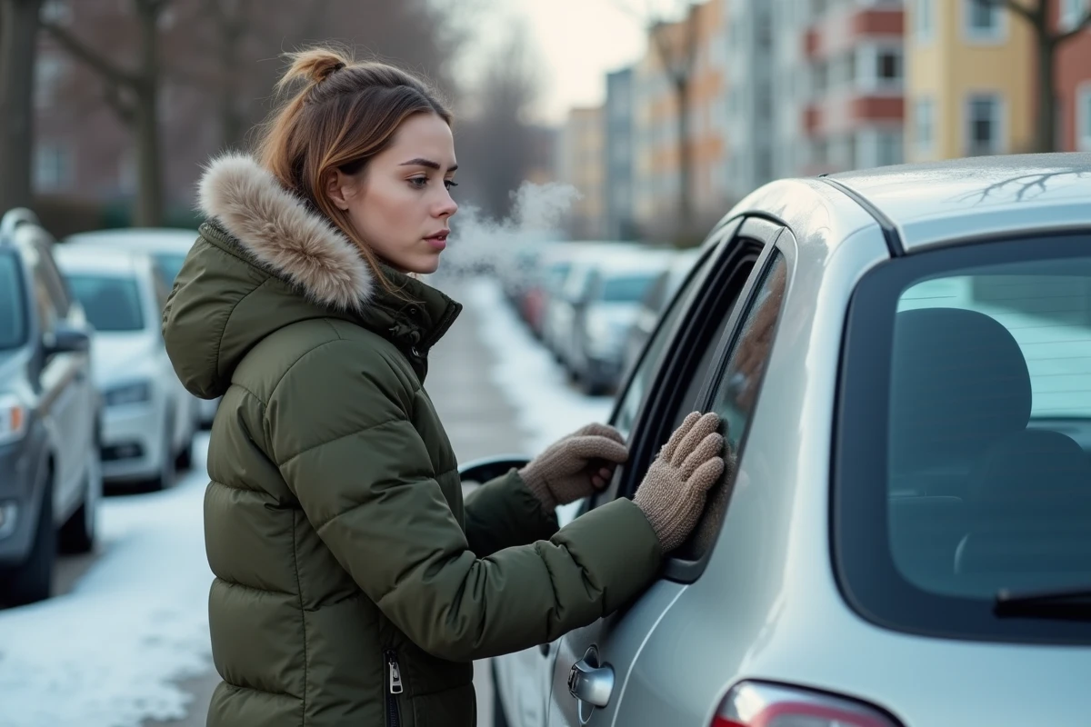 Jeune femme frustrée devant une voiture gelée