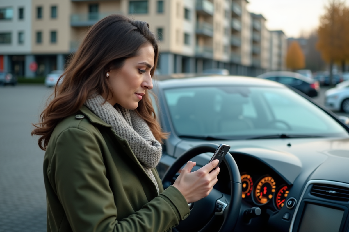 Femme prenant en photo le compteur de sa voiture en ville