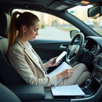 Femme d affaires dans la voiture examine ses feuilles de route