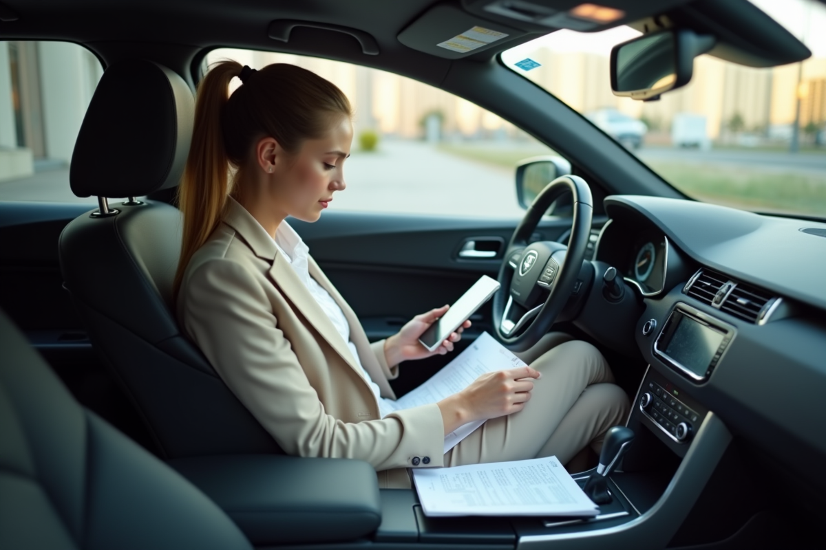 Femme d affaires dans la voiture examine ses feuilles de route
