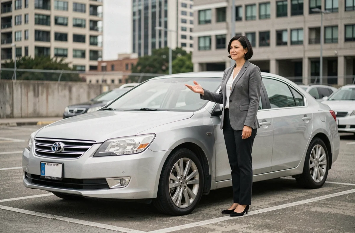 Femme debout à côté d'une voiture dans un parking urbain évoquant les critères d'assurance auto