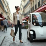 Femme en veste beige sortant d'une voiture sans permis électrique blanche garée sur un boulevard parisien