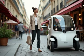 Femme en veste beige sortant d'une voiture sans permis électrique blanche garée sur un boulevard parisien