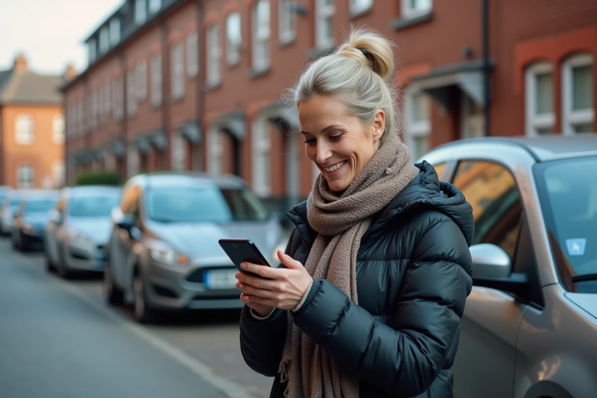 Femme vérifie son dossier de conduite avec son smartphone devant sa voiture