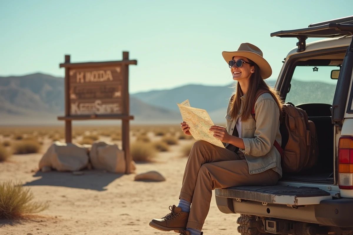 Jeune femme souriante avec carte sur un véhicule tout-terrain