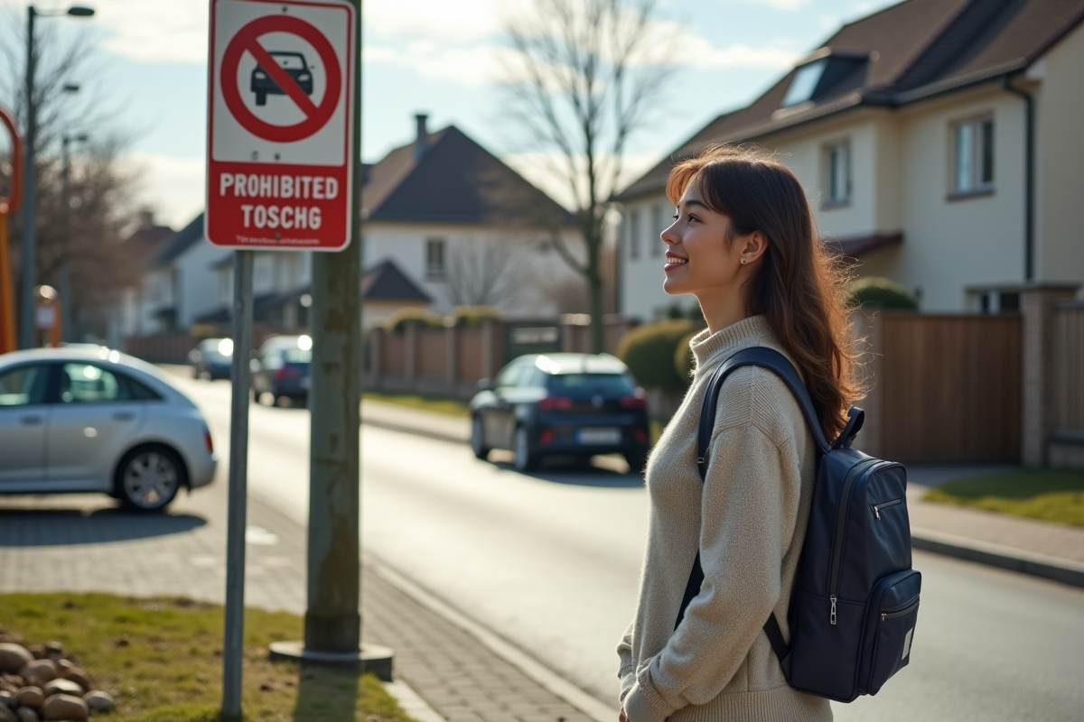 Jeune femme observant un parking avec voitures électriques