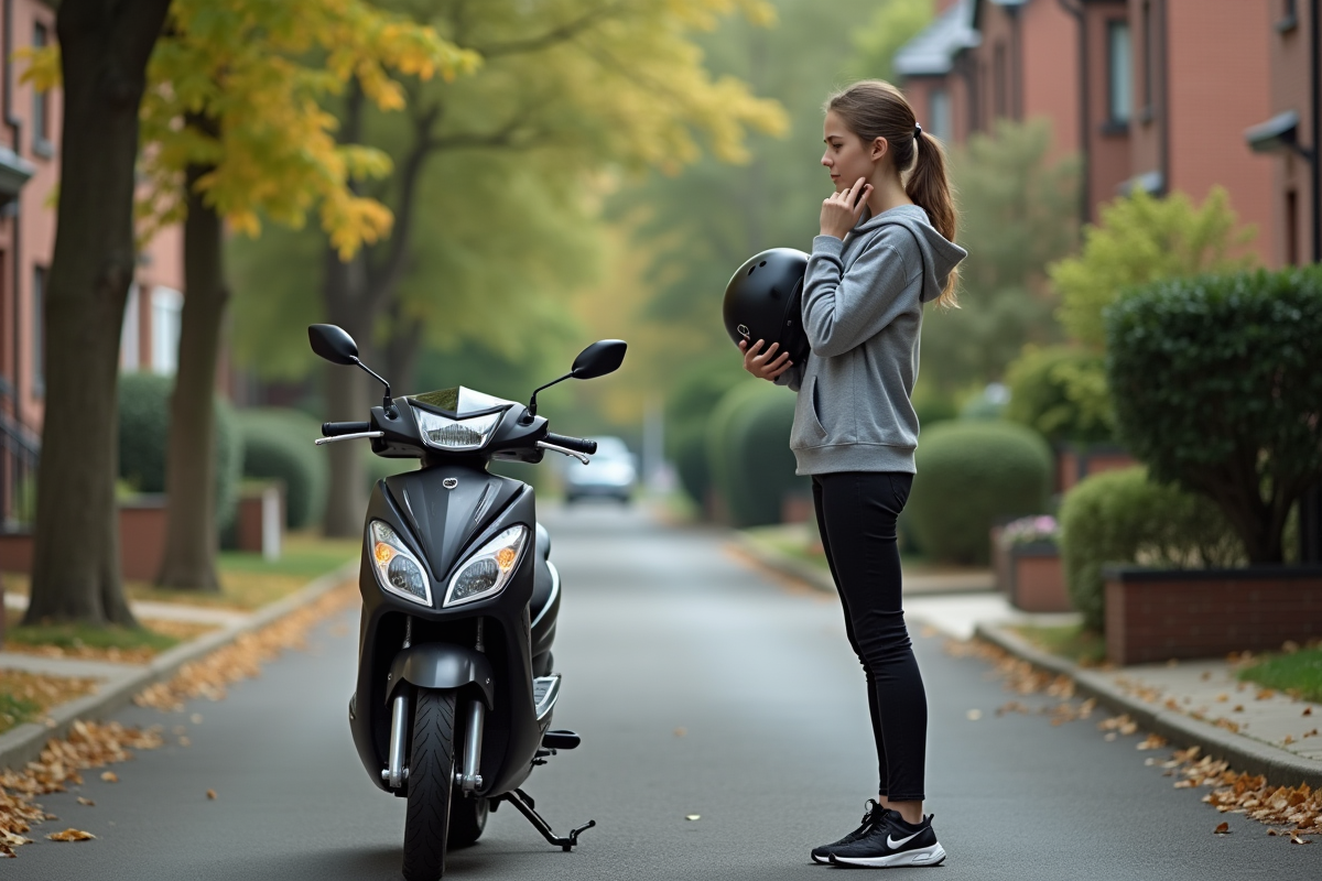 Fille avec casque près de scooter dans quartier résidentiel