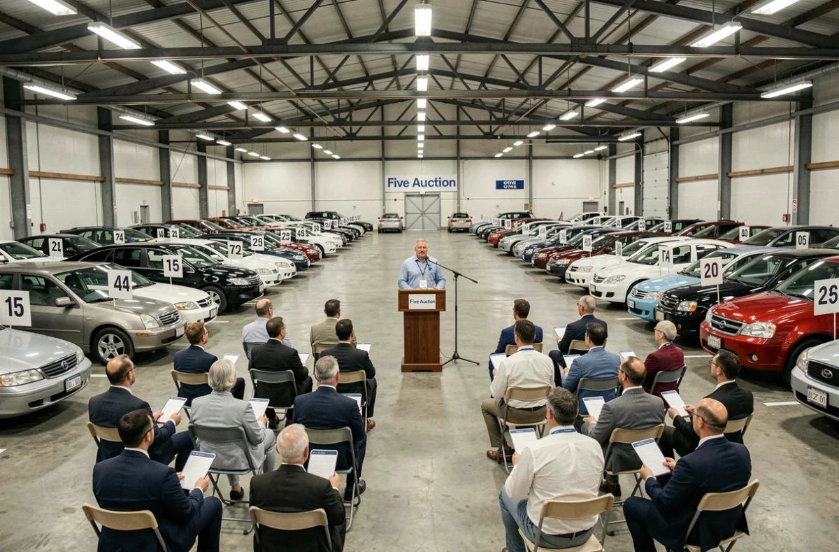 Salle de ventes aux enchères Five Auction avec commissaire-priseur et acheteurs professionnels devant des véhicules