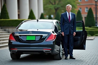 Fonctionnaire en costume sortant d'une voiture officielle