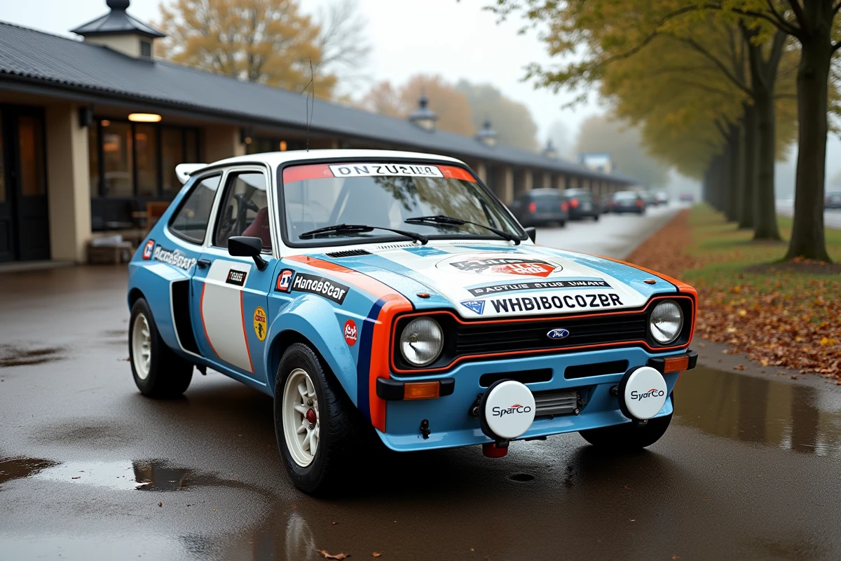 Ford Fiesta R5 de rally d'occasion exposée dans un parc de vente de voitures de compétition en plein air
