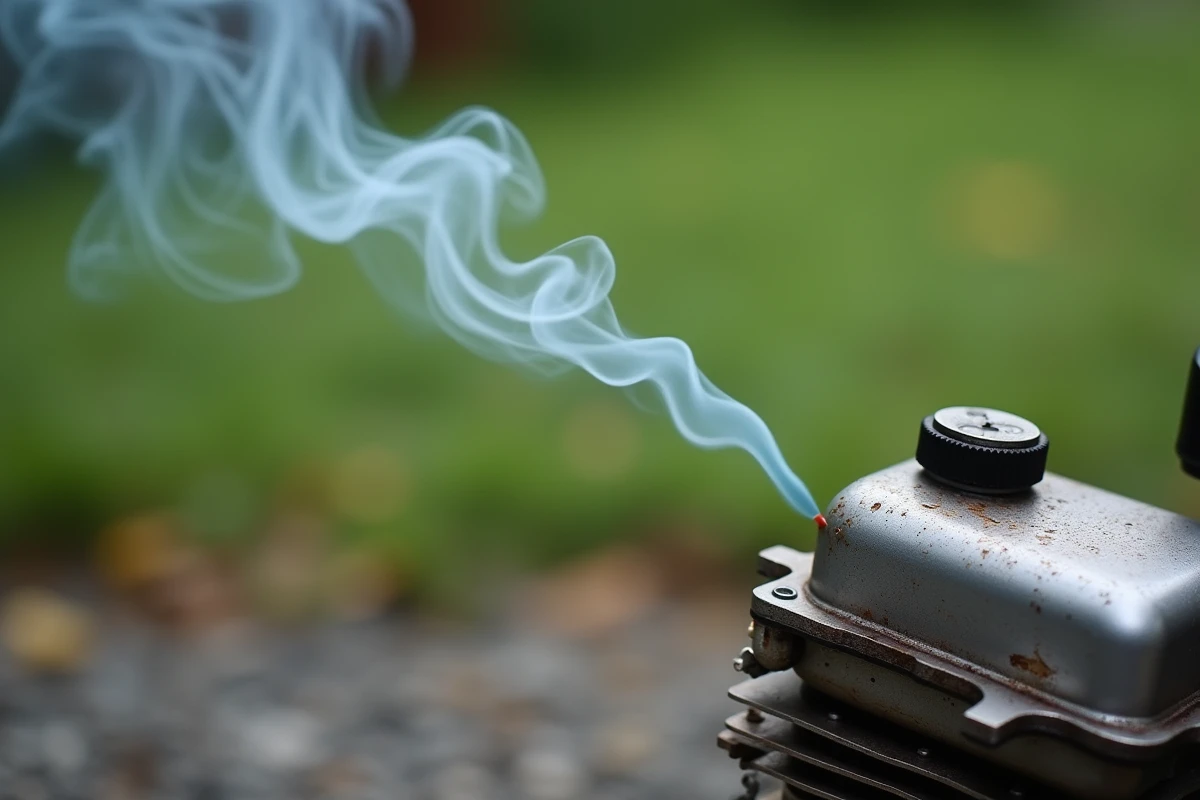 Fumée bleue s'échappant d'un moteur deux temps avec un mauvais mélange huile essence