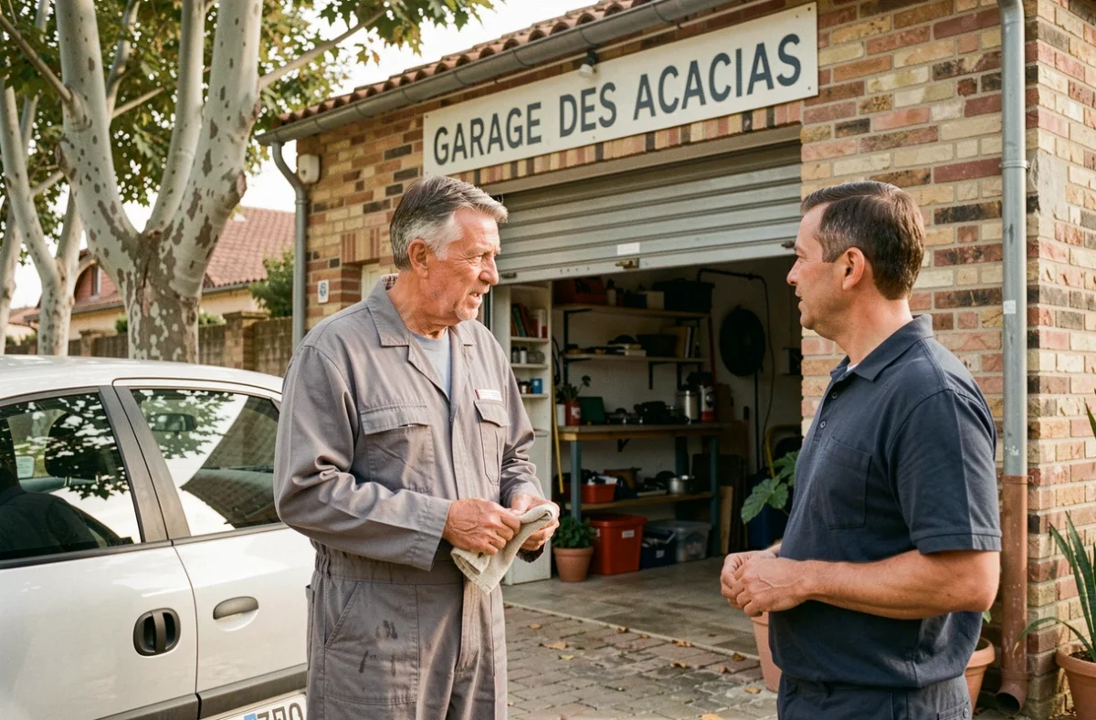 Mécanicien du Garage des Acacias discutant avec un client devant un véhicule garé à l'entrée du garage