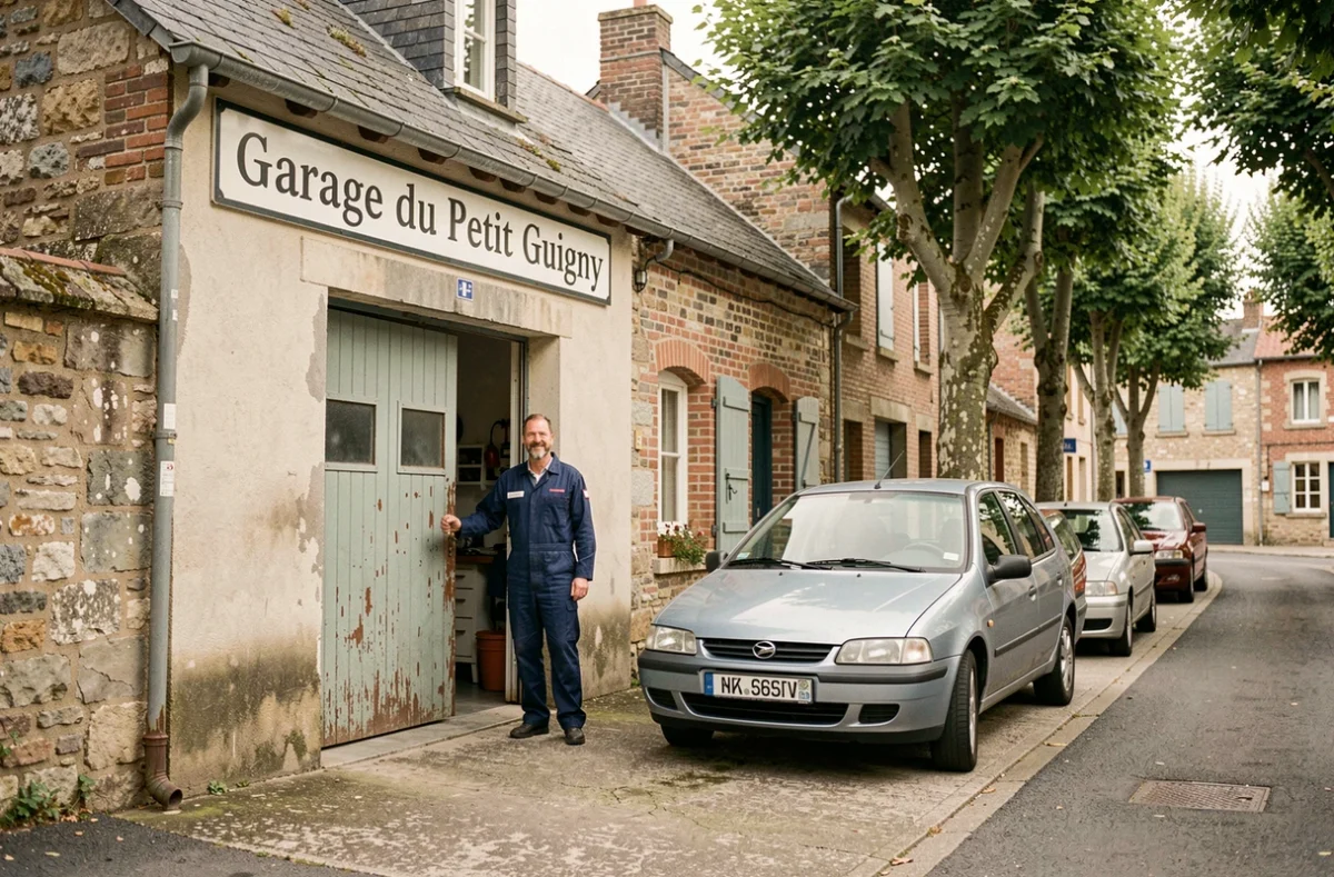 Façade du Garage du Petit Guigny avec un mécanicien devant l'entrée et des voitures d'occasion sur le parvis