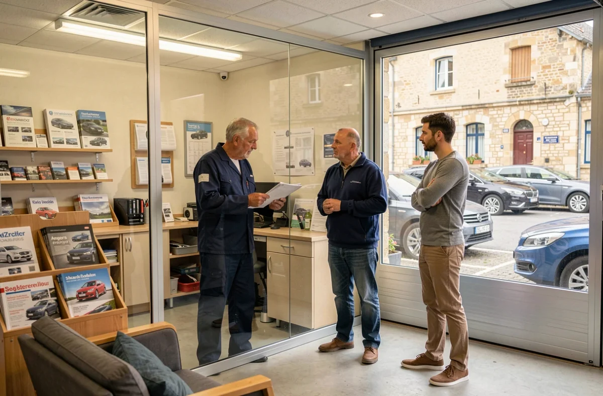 Réception du Garage Houdmon à Angers avec un mécanicien en uniforme navy discutant d'un bilan technique avec un client au comptoir