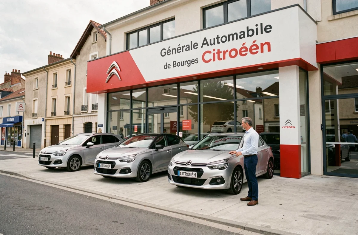 Concessionnaire Citroën Générale Automobile de Bourges avec des modèles exposés en façade