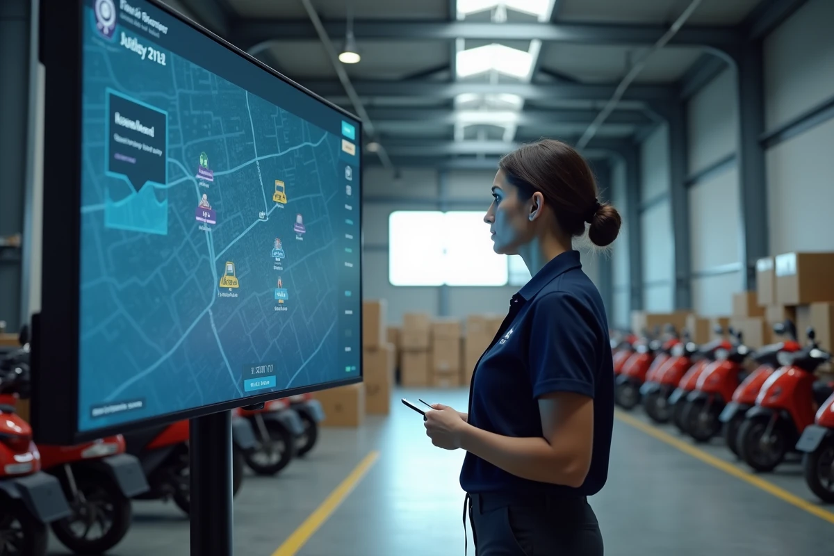 Responsable de flotte consultant un tableau de bord GPS en temps réel dans un entrepôt logistique