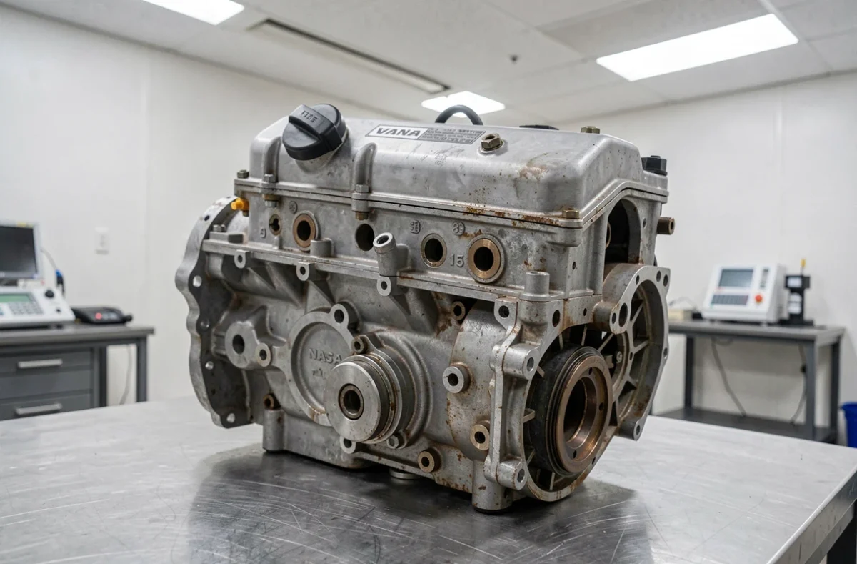 Gros plan sur les composants d'un moteur Nissan d'occasion montrant les signes d'usure à inspecter