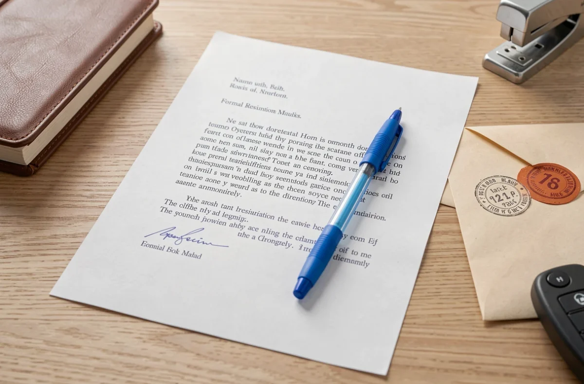 Gros plan d'une lettre de résiliation d'assurance auto manuscrite avec une enveloppe timbrée et un stylo sur un bureau en bois