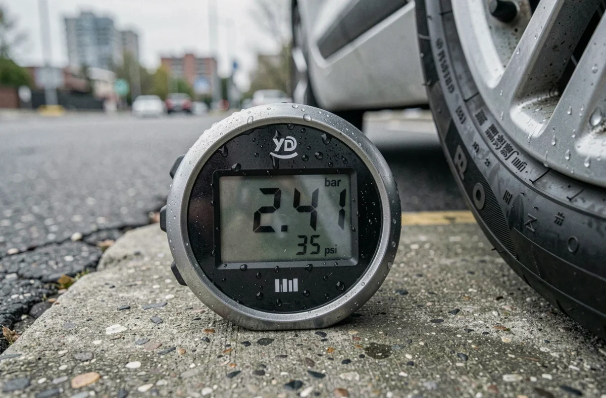 Gros plan d'un manomètre numérique affichant 35 psi et 2,41 bar sur un sol en béton extérieur