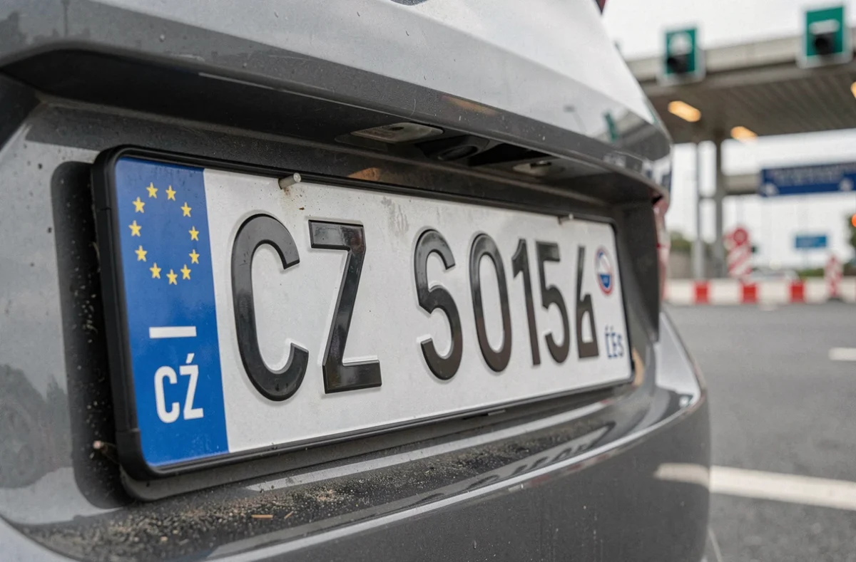 Gros plan sur une plaque d'immatriculation tchèque CZ sur un véhicule circulant en France sur l'autoroute