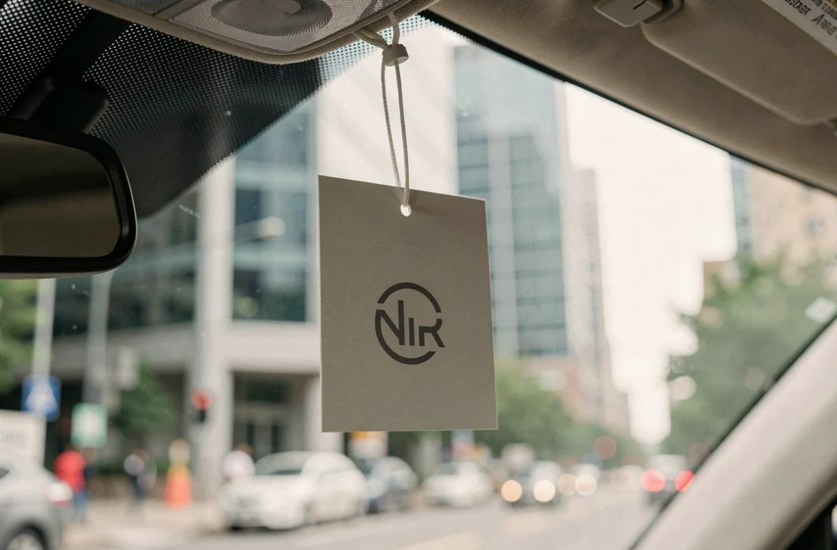 Gros plan sur un sent bon personnalisé avec logo d'entreprise accroché au rétroviseur d'un véhicule professionnel