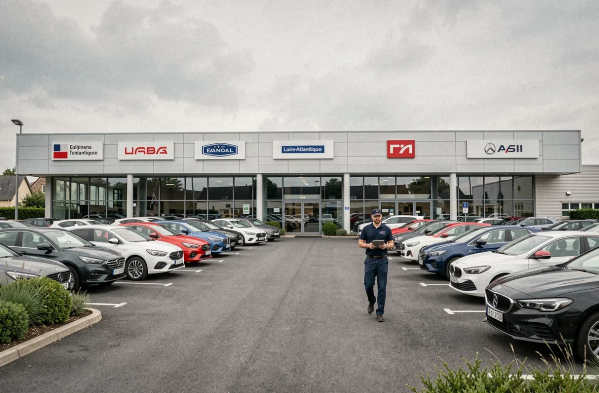 Façade extérieure du Groupe Gemy en Loire-Atlantique avec plusieurs marques automobiles affichées et une flotte de véhicules neufs sur le parvis