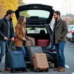 Groupe de trois personnes riant près d'une voiture en automne