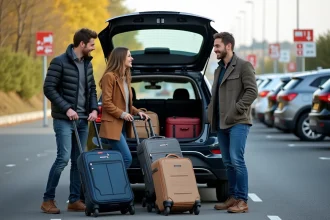 Groupe de trois personnes riant près d'une voiture en automne