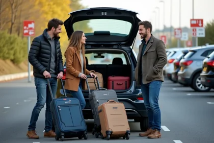 Groupe de trois personnes riant près d'une voiture en automne